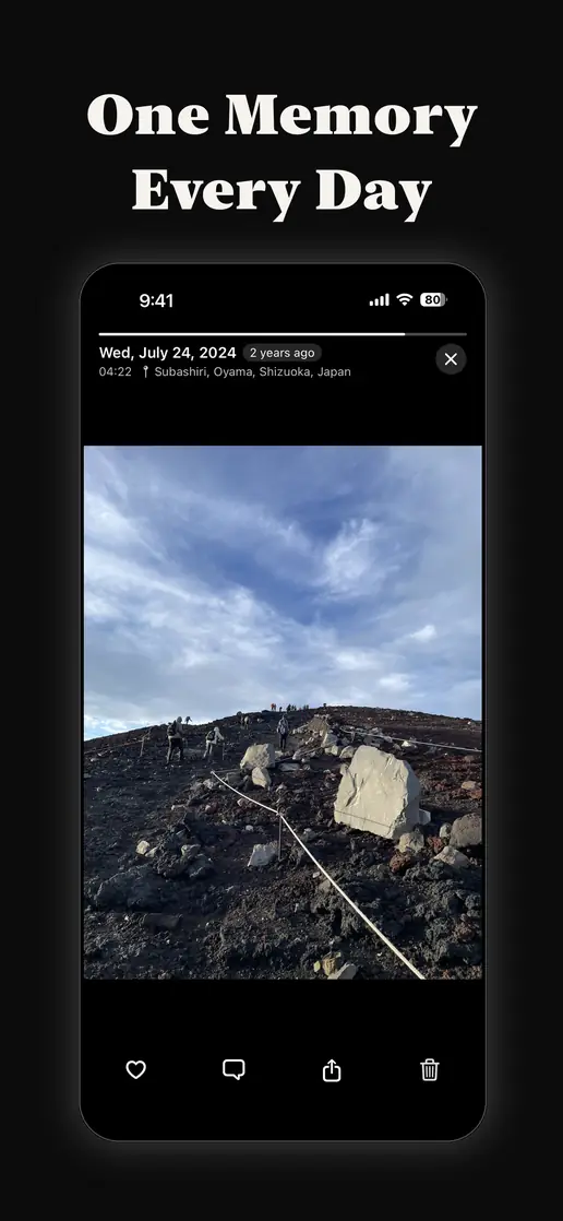 Reliving a photo full screen, with its date, time and place